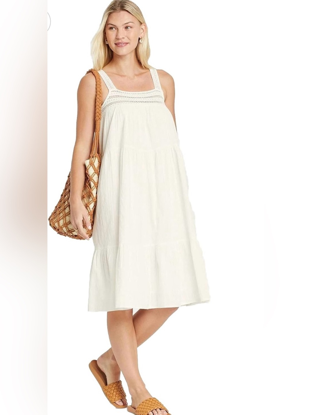 Universal Thread Cream Tiered Crochet-Trim Midi Dress